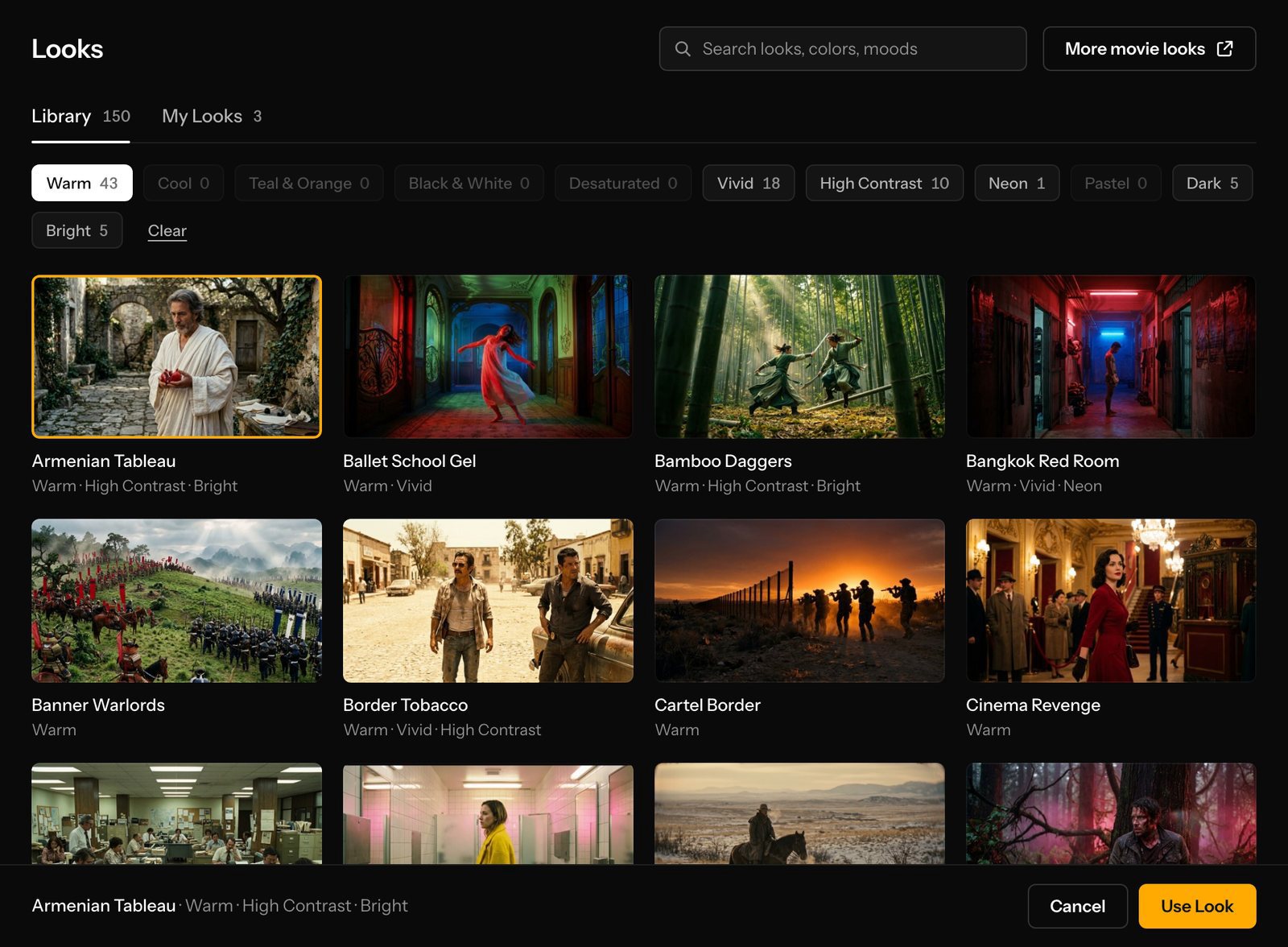 The Browse Looks gallery in AI Color Match: a search box, the Library and My Looks tabs, color filter chips with counts, and a grid of looks with Armenian Tableau selected
