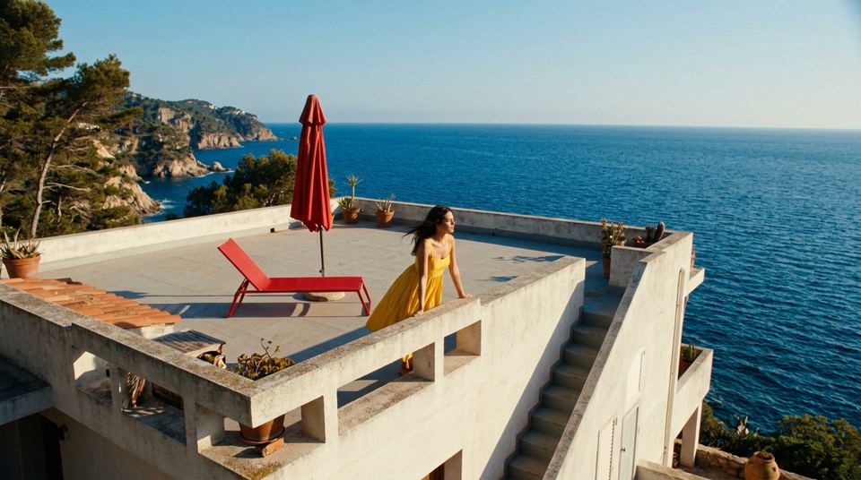 A woman in a yellow dress on a rooftop terrace above a blue sea