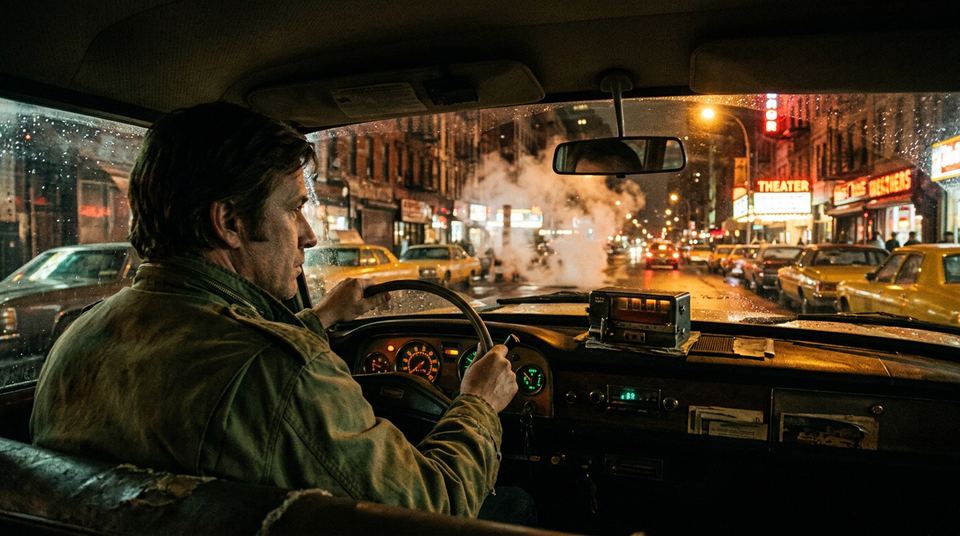 A driver at the wheel of a cab on a night street of neon signs