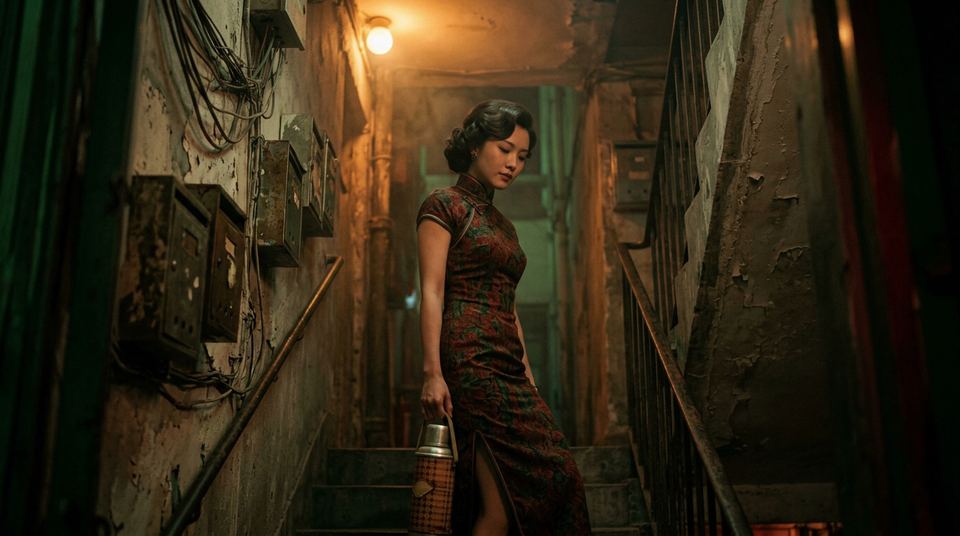A woman in a patterned dress on a narrow stairway lit by one warm lamp