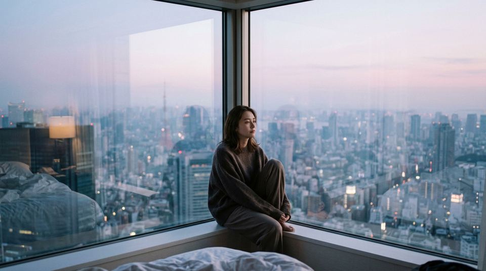 A woman sitting at a hotel window above a city at dusk