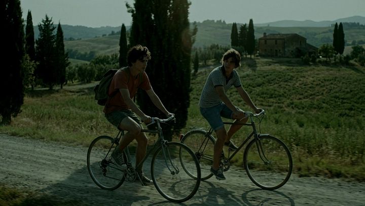 The same shot of two cyclists, graded by AI Color Match to the Amphibian Romance look